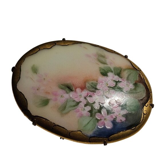Antique Hand-Painted Porcelain Floral Brooch Victorian C-Clasp Pink Romantic Pin - Picture 3 of 13